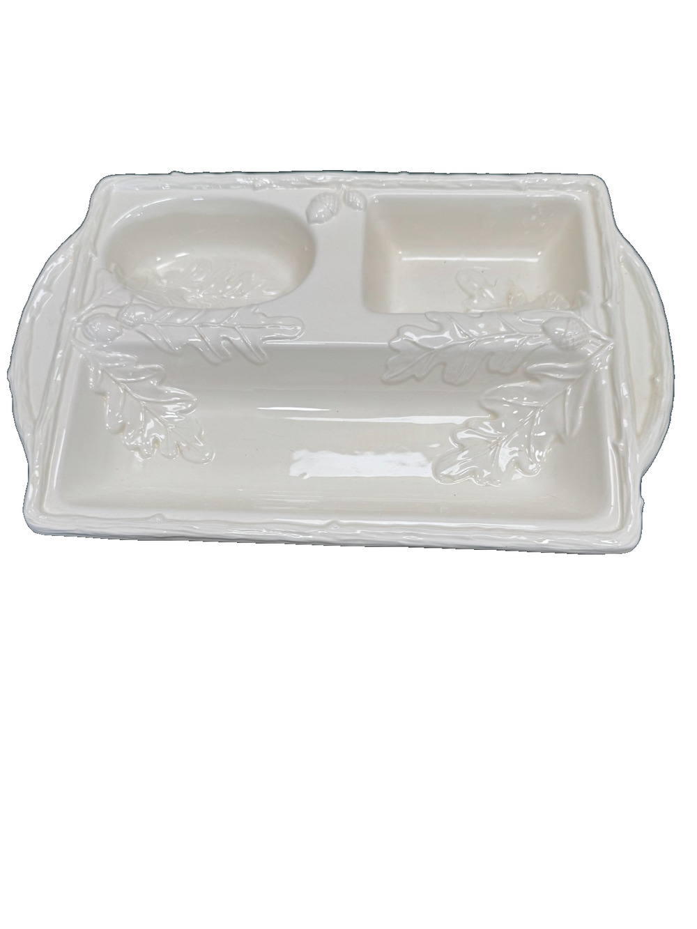 Cooks Club White Ceramic Oak Leaf Acorn 3 Divided Serving Tray Platter China